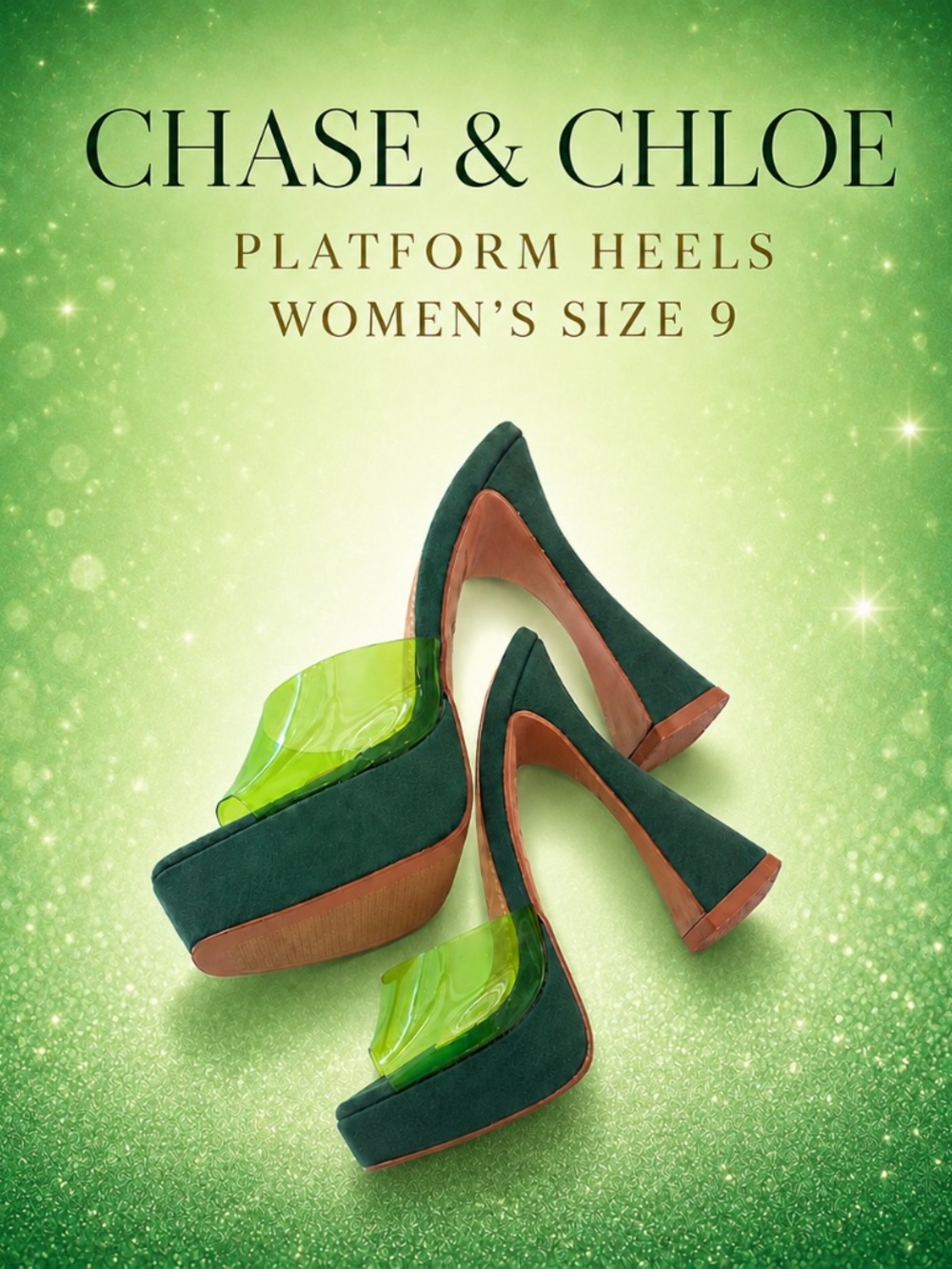 Chase + Chloe size 36 Women's Green Clear-Detail Block Heel Mules